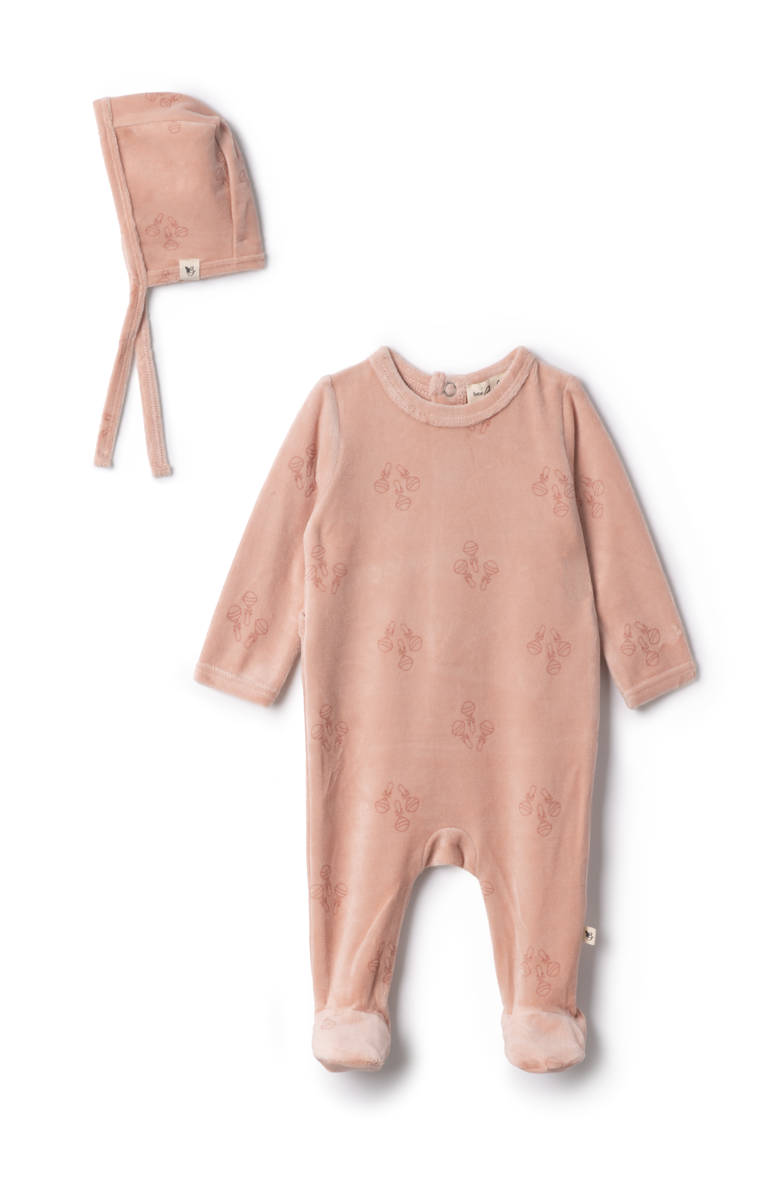 Bebe Bella Girl Rattle Print Velour Romper with Bonnet, Main, color, Pink