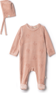 Bebe Bella Girl Rattle Print Velour Romper with Bonnet