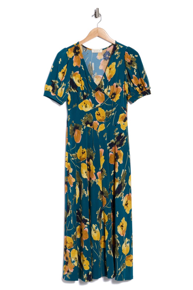 Short Sleeve V-Neck Midi Dress, Alternate, color, TEAL FLORAL