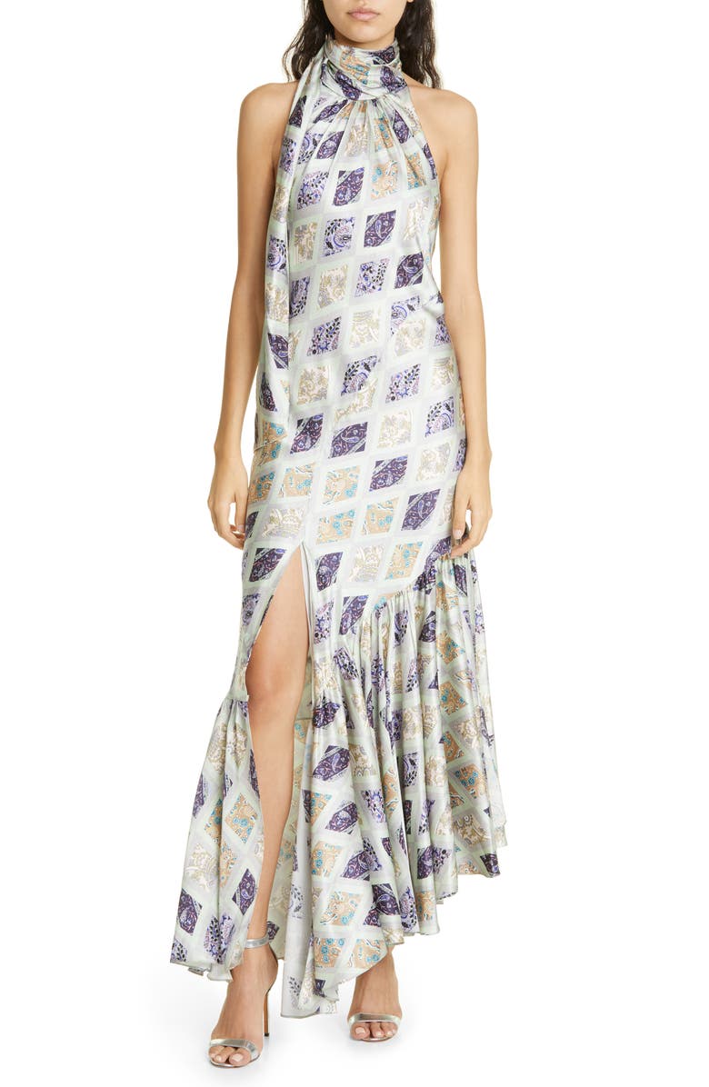 Cinq à Sept Melissa Sea Diamond Halter Silk Maxi Dress, Main, color,