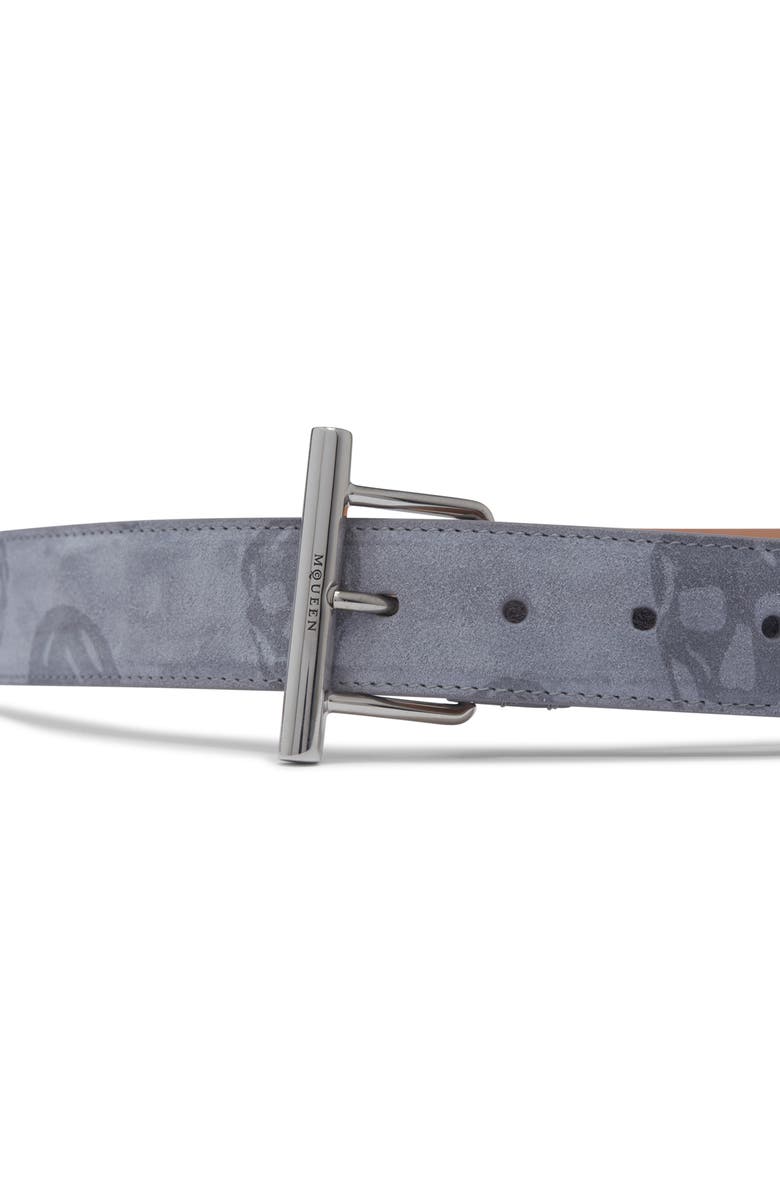 McQueen T-Bar Skull Print Suede Belt, Alternate, color, Grey/ Dark Grey/ Silver