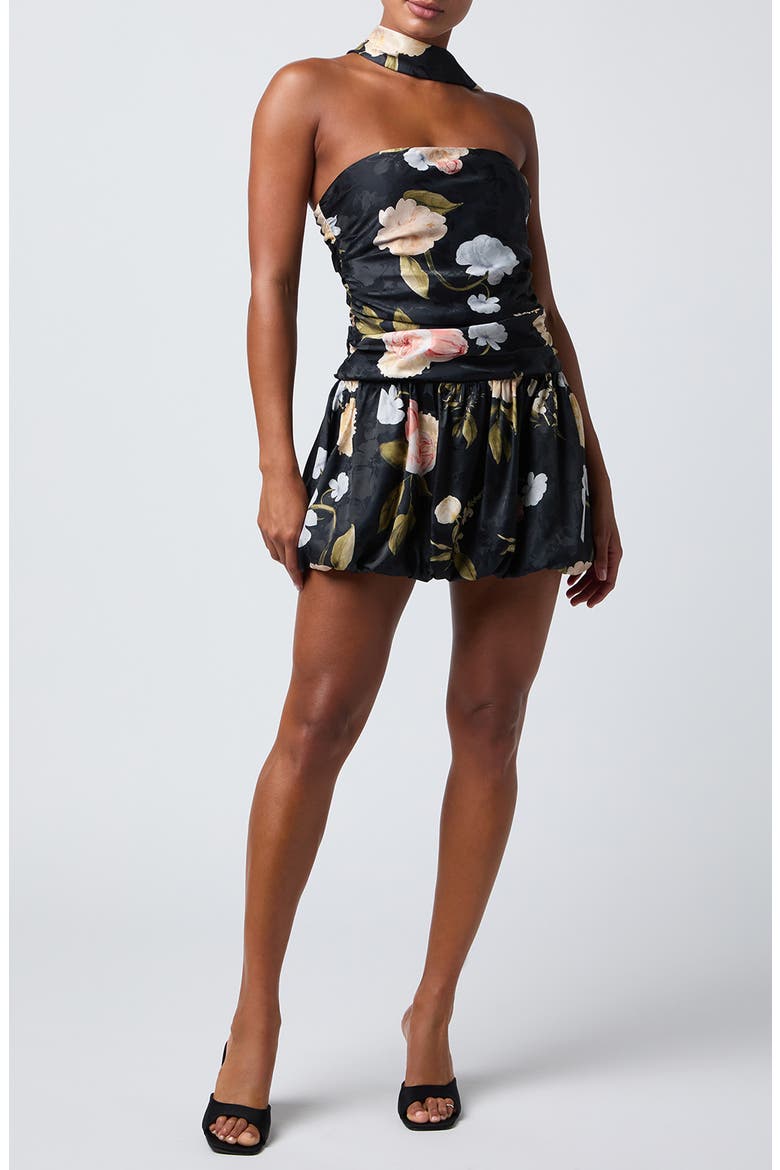 Lucy Strapless Bubble Hem Minidress, Main, color, BLACK FLORAL
