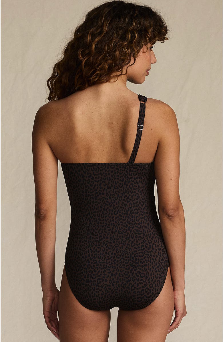 Lands' End Womens Chlorine Resistant Shirred One Shoulder One Piece Swimsuit Removable Adjustable Strap, Alternate, color, Brown Leopard