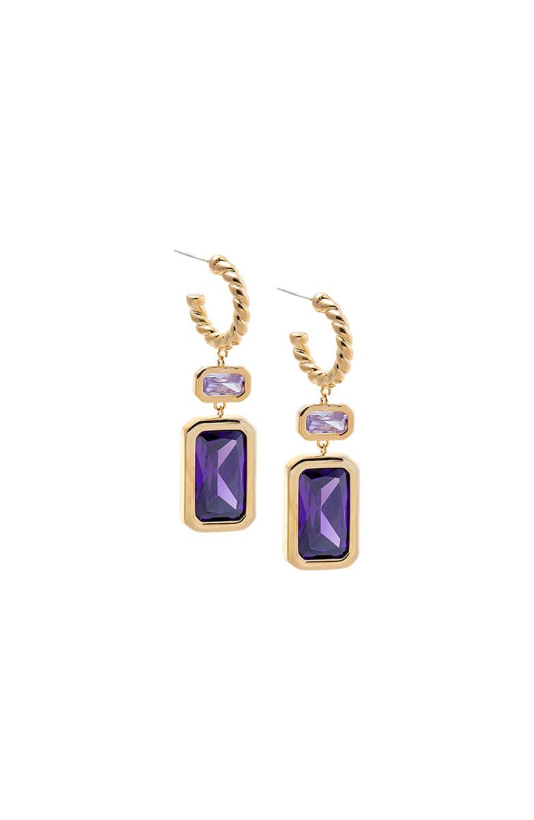 BY ADINA EDEN Colored Elongated Bezel Emerald Drop Hoop Earring, Main, color, Purple