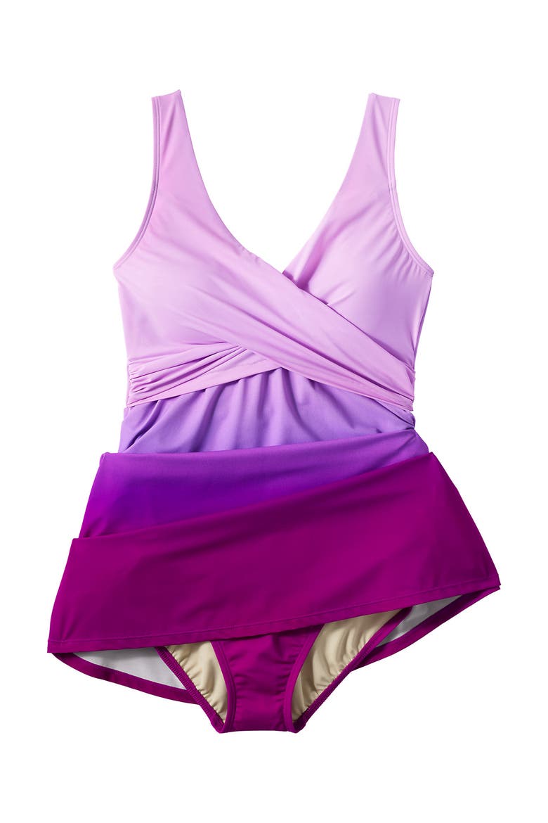 New SlenderSuit Wrap Swim Dress Swimsuit Print, Alternate, color, Crimson Rose/Purple Ombre