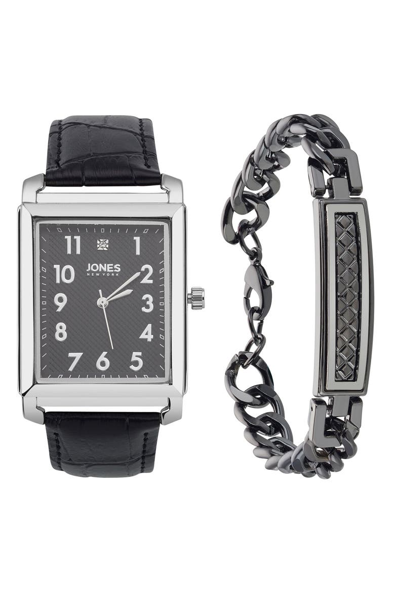 Diamond Accent Three-Hand Quartz Watch & ID Bracelet Set, Main, color, BLACK