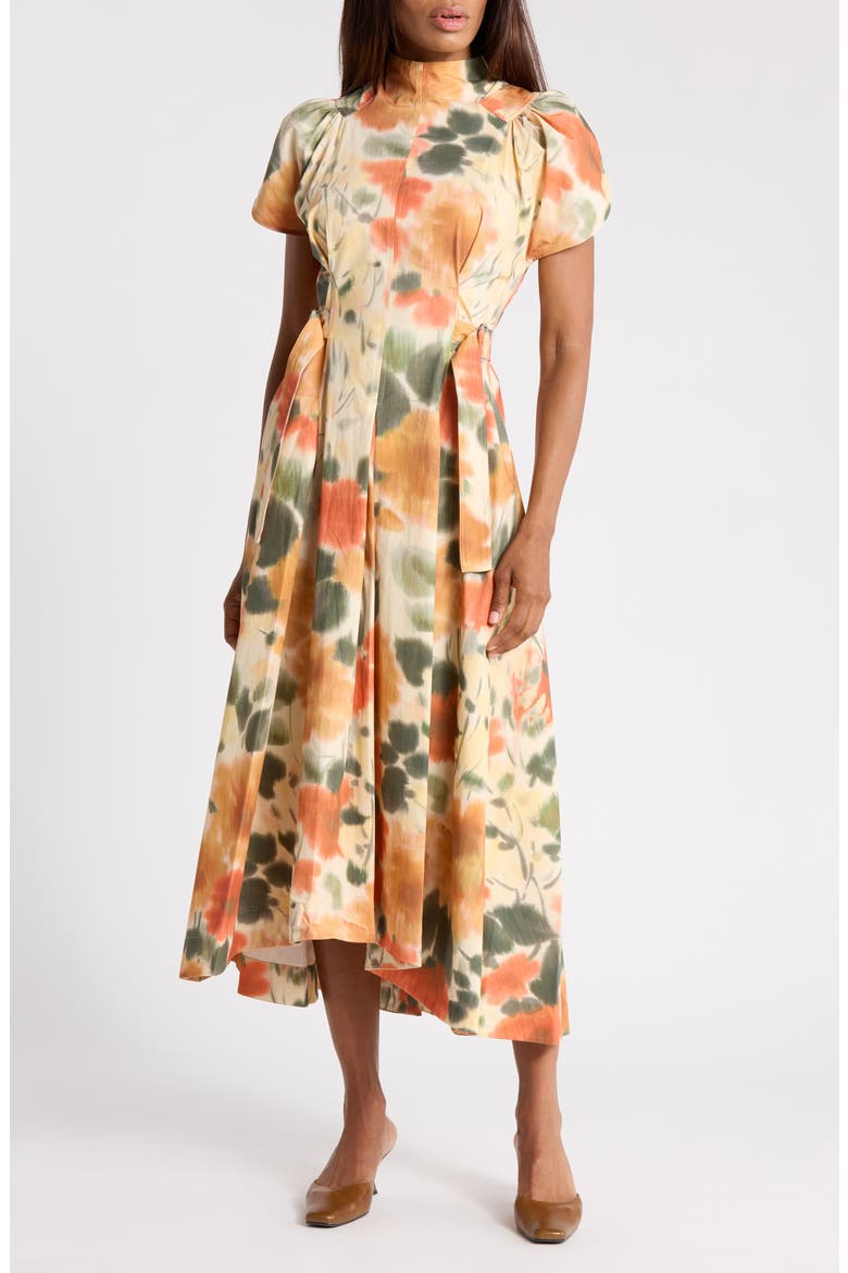 Tulip Puff Sleeve Cotton Midi Dress, Main, color, MARIGOLD MULTI