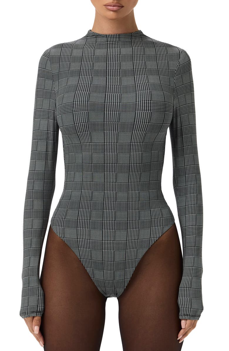 Naked Wardrobe Naked Snakeskin Print Long Sleeve Bodysuit, Main, color, Houndstooth Plaid