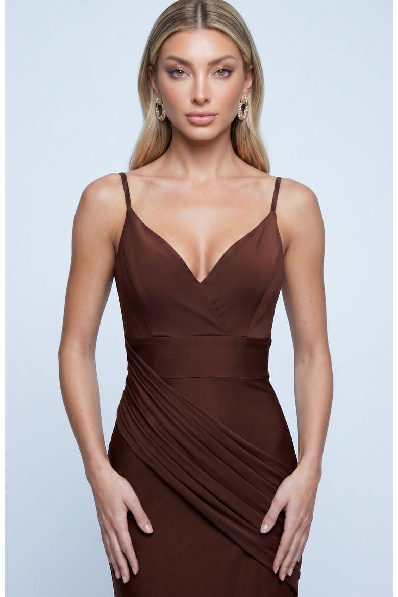 Ruched Plunge Neck Mermaid Evening Gown, Alternate, color, Brown