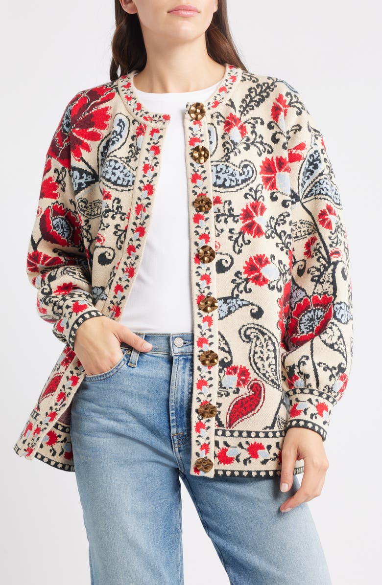 FARM Rio Francesca Jacquard Cardigan, Main, color, Ivory/ Black Multi