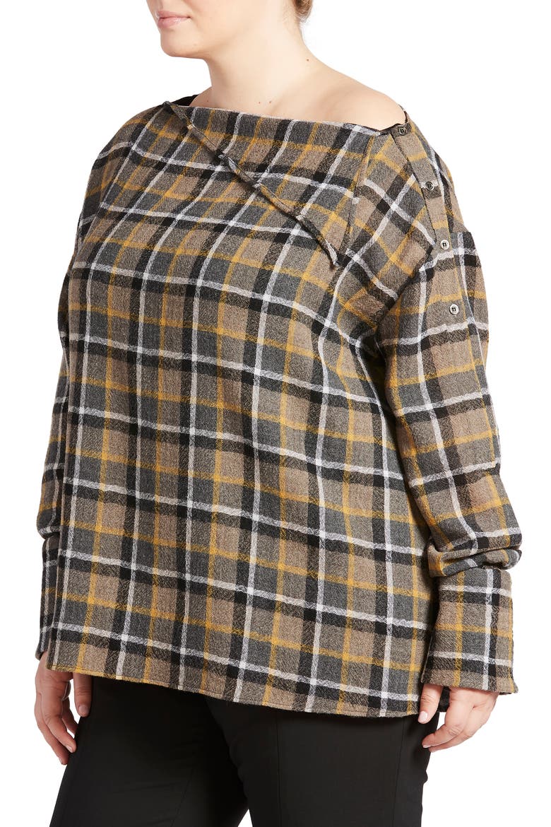 Plaid Wool Gauze Button Shoulder Top, Alternate, color, YELLOW MULTI