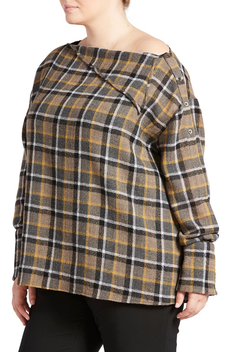Pari Passu Plaid Wool Gauze Button Shoulder Top, Alternate, color,