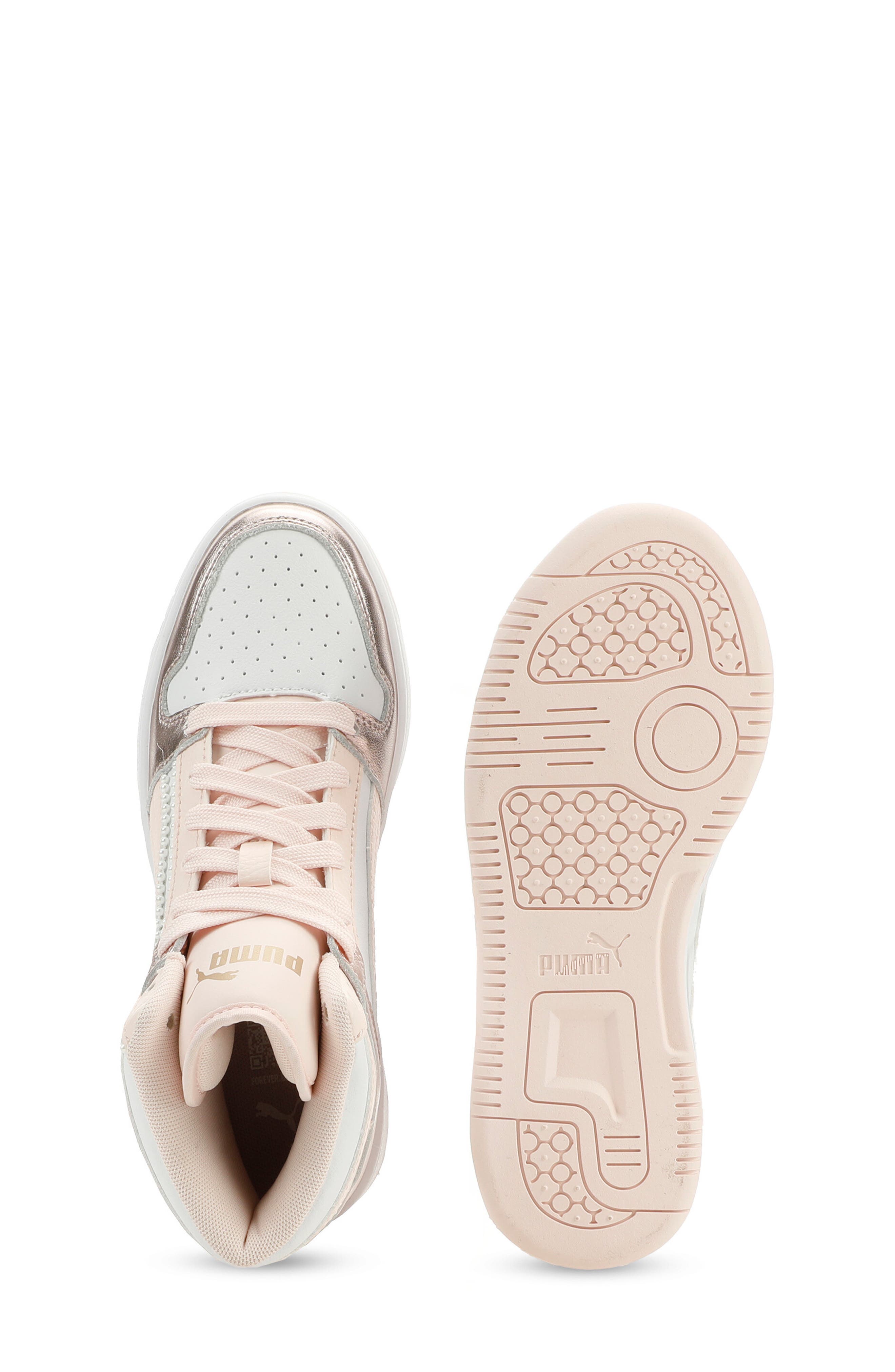 Kids' Rebound Layup High Top Sneaker, Alternate, color, PUMA WHITE-JASMINE FLOWER-GOLD