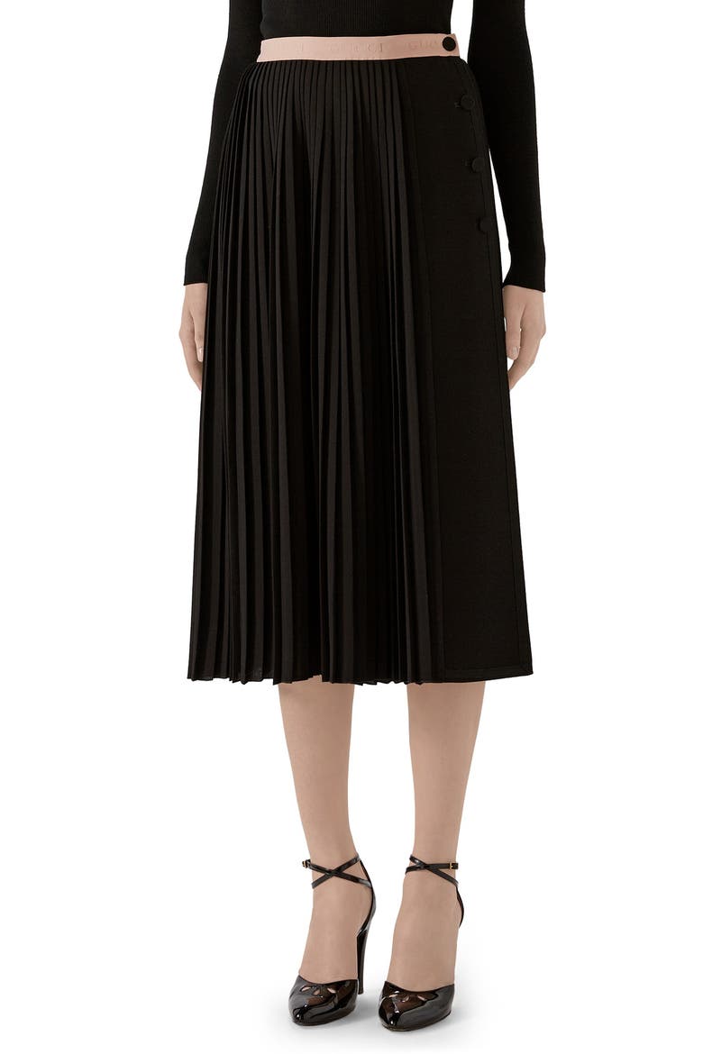 Logo Waist Pleated Wool Crepe Midi Skirt, Main, color, BLACK/ MIX