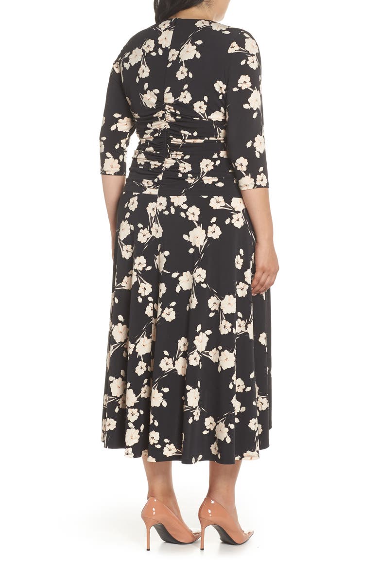 Ruched Floral Midi Dress, Alternate, color, BLACK/ CORAL