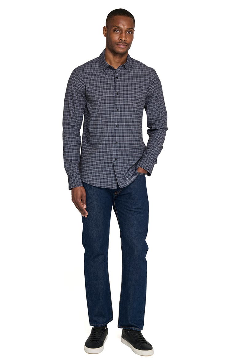 Basic Slim Fit Black & Grey Plaid Performance Button-Up Shirt, Alternate, color, BLACK