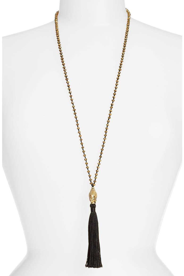 Beaded Buddha Tassel Necklace, Main, color, OLD FOIL BRASS BLACK
