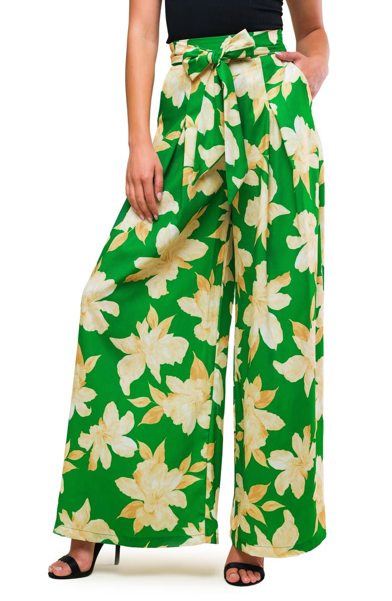 FLYING TOMATO Floral High Waist Wide Leg Pants, Main, color, Green Gold