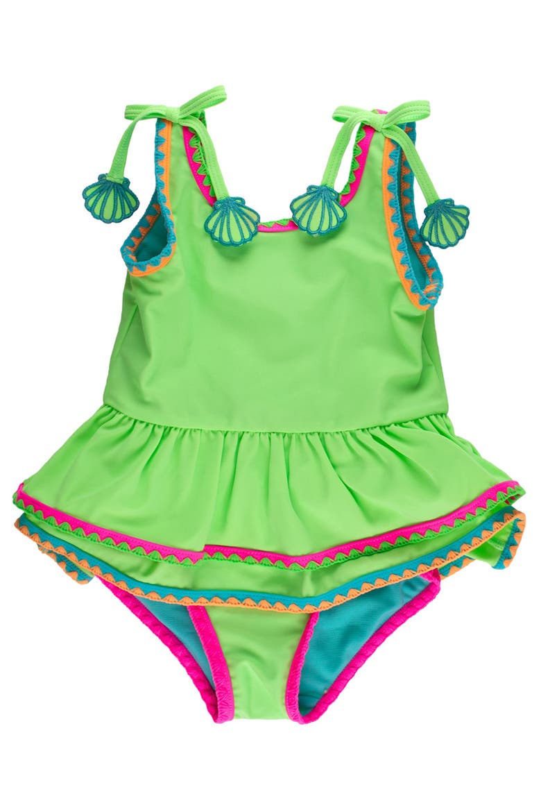 UPF50+ Crochet Detail Peplum One Piece Swimsuit, Main, color, Neon Honeydew