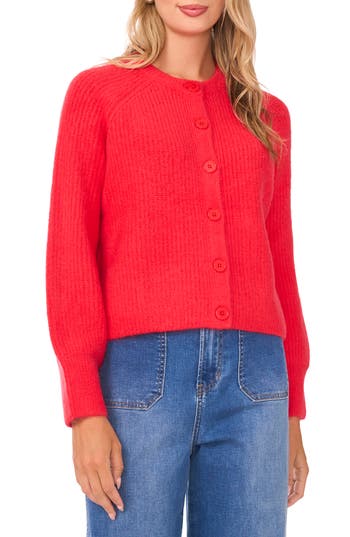 Vince Camuto Saddle Raglan Sleeve Rib Cardigan In Red