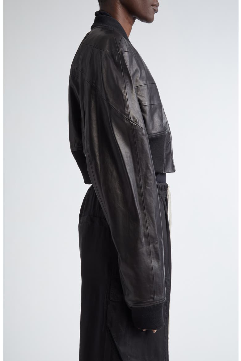Girdered Leather Crop Bomber Jacket, Alternate, color, BLACK
