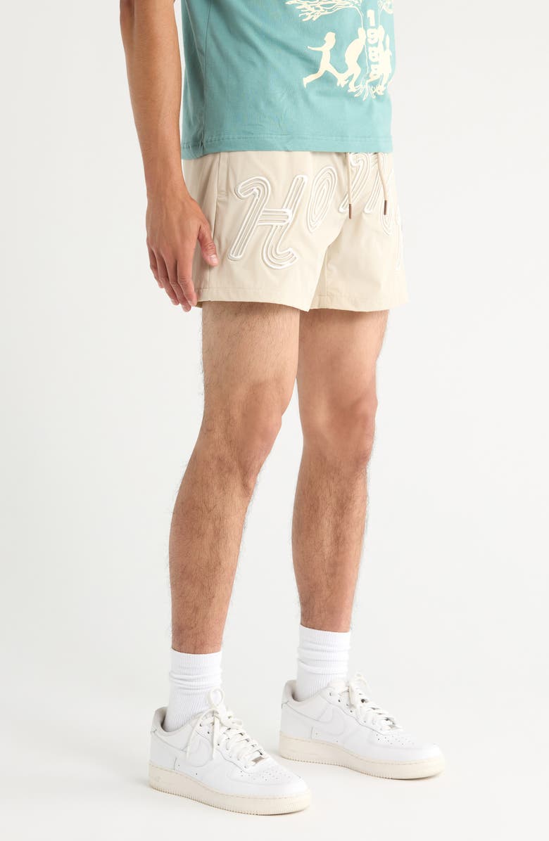 HONOR THE GIFT Logo Embroidered Swim Trunks, Alternate, color, Bone