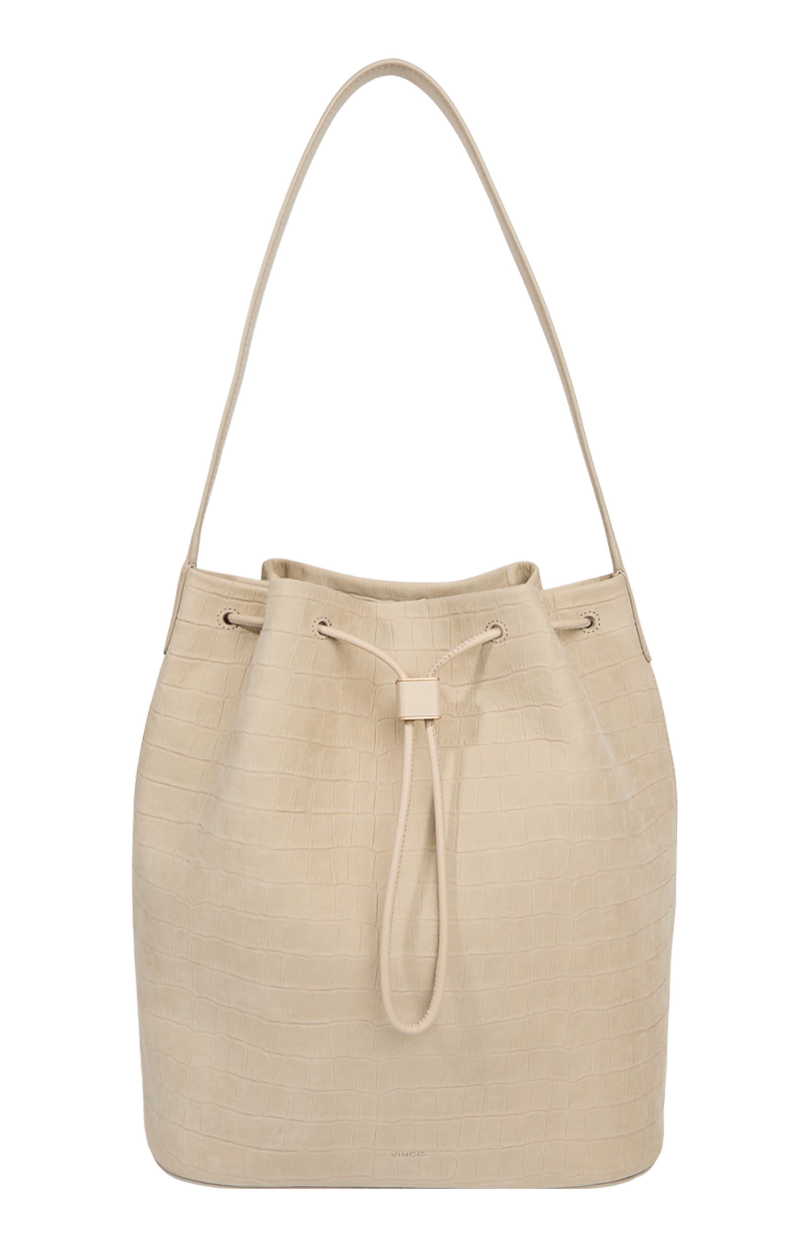 Vince Sarai Croc Embossed Leather Bucket Bag, Main, color, Marzipan