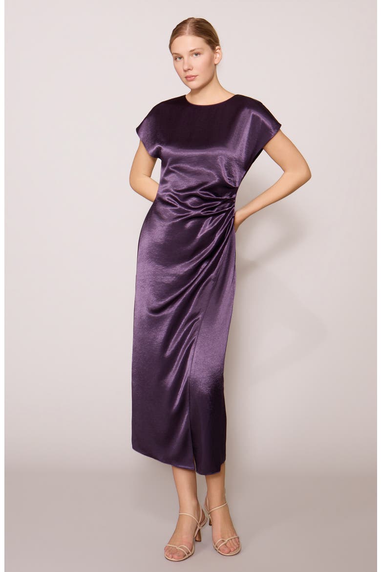Cap Sleeve Side Cinched Satin Midi Dress, Alternate, color, EGGPLANT