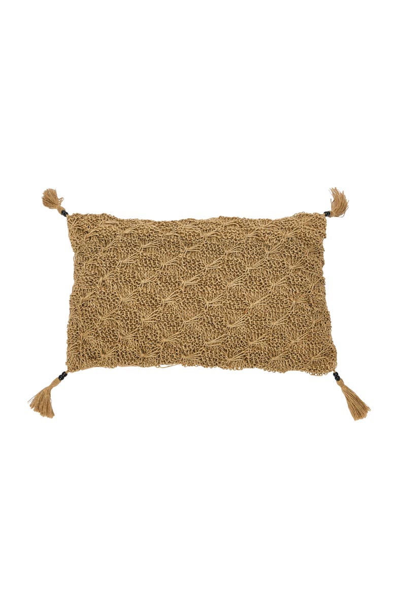 Storied Home Hand-Woven Cotton and Jute Macramé Lumbar Pillow with Jute Tassels and Mango Wood Beads, Main, color, Brown