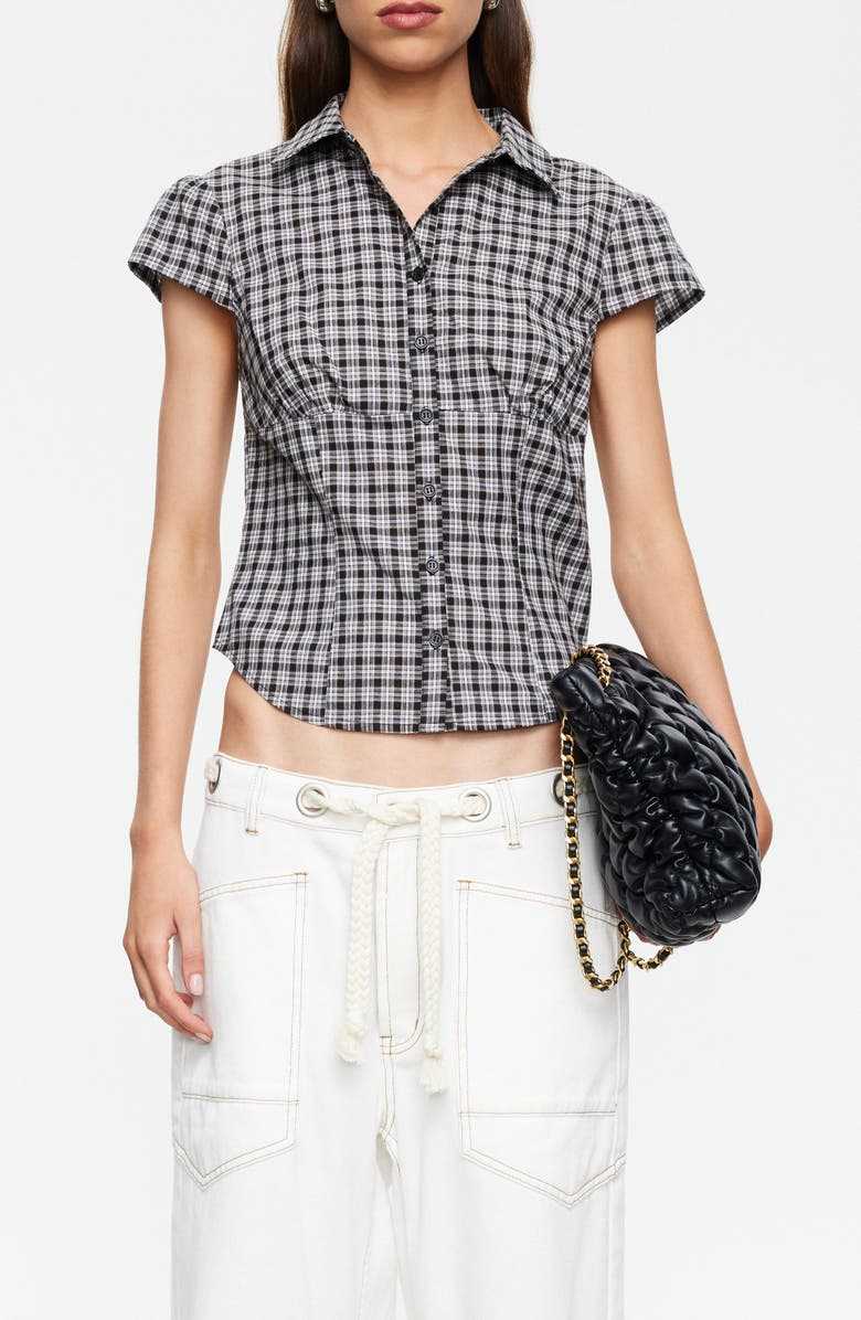LIONESS Mon Cheri Plaid Crop Shirt, Main, color, Noir Plaid