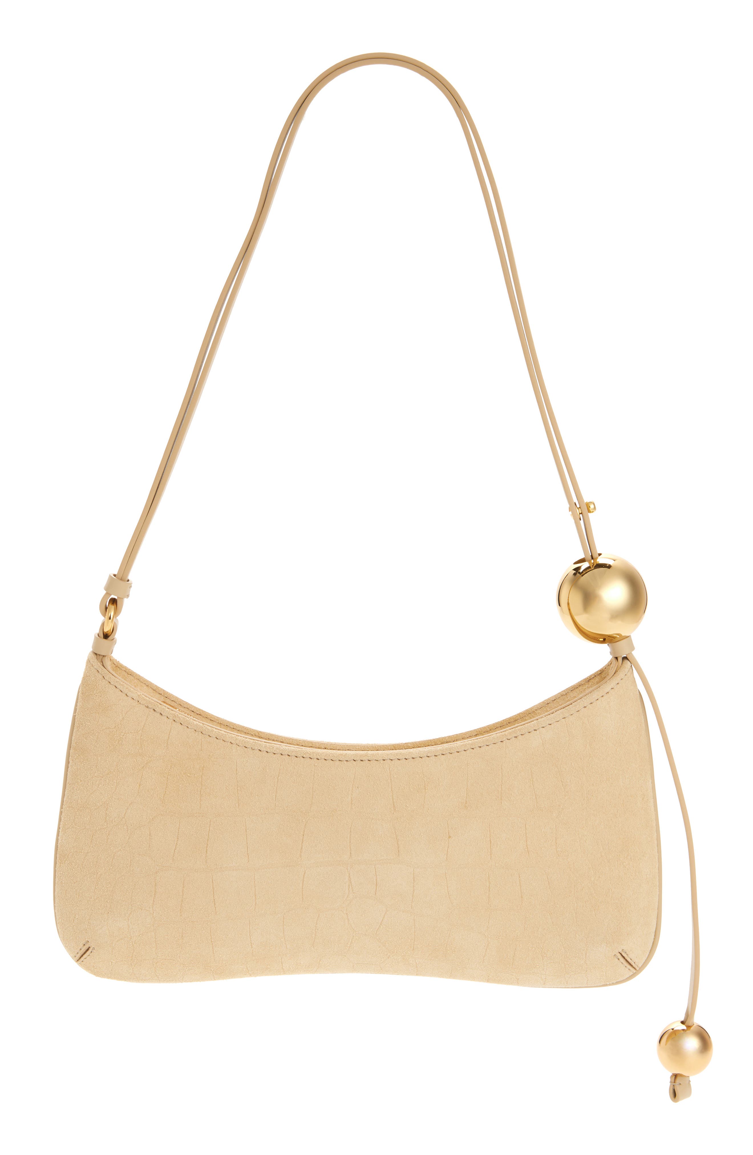 Jacquemus Le Bisou Perle Croc Embossed Suede Shoulder Bag, Alternate, color, Beige