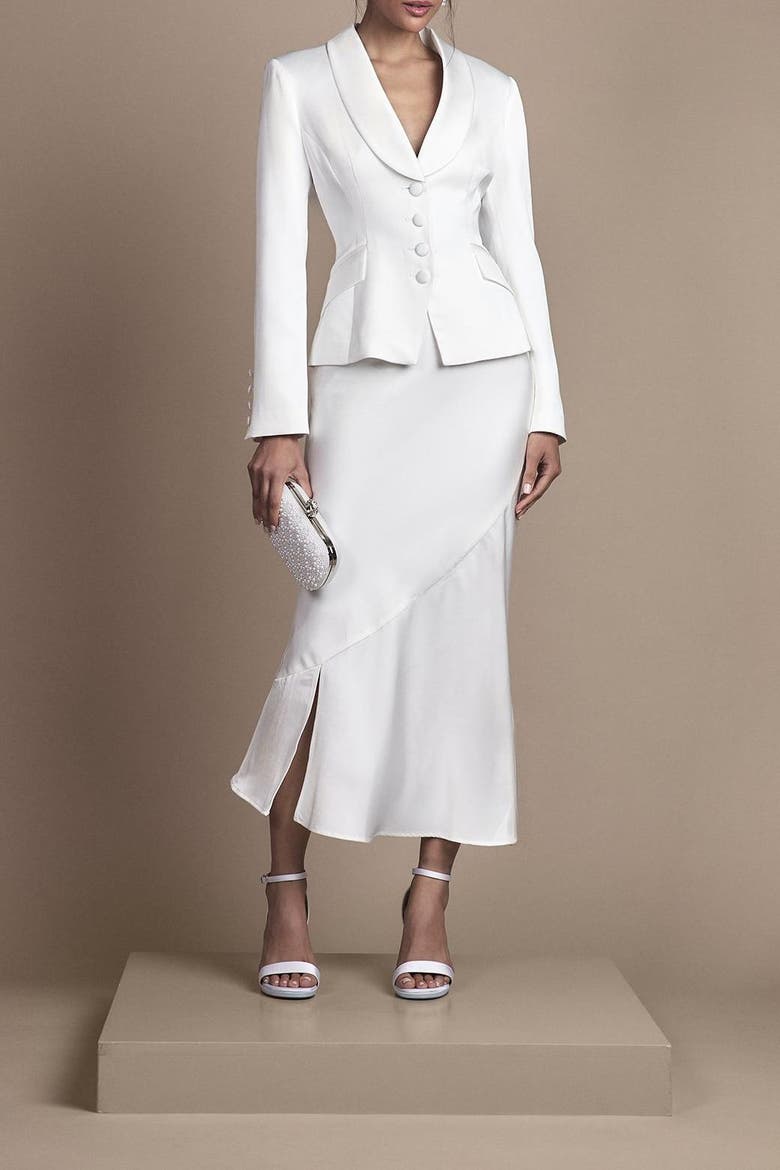 Satin Side-Split Fitted Midi Skirt, Alternate, color, Ivory