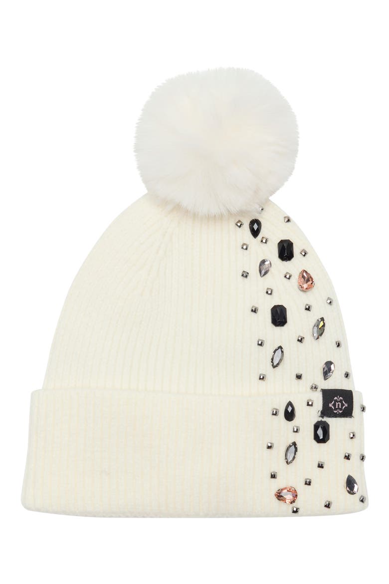 Animal Accent Faux Fur Pom Beanie, Main, color, IVORY