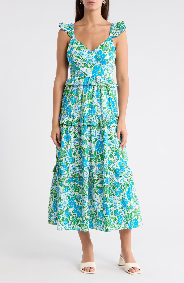 SUGARLIPS Bivore Floral Print Ruffle Maxi Dress, Main, color, Blue-Green-White