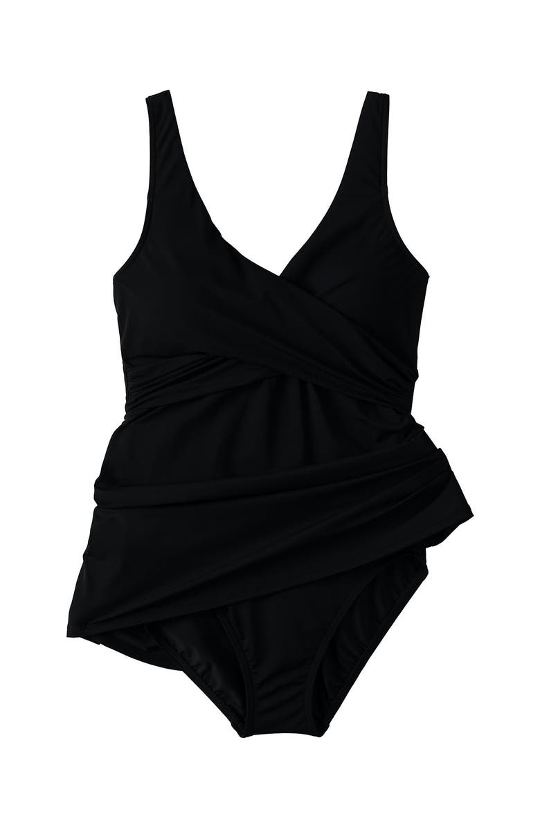 Lands' End SlenderSuit V-neck Wrap Swim Dress One Piece Swimsuit Adjustable Straps, Alternate, color, Black