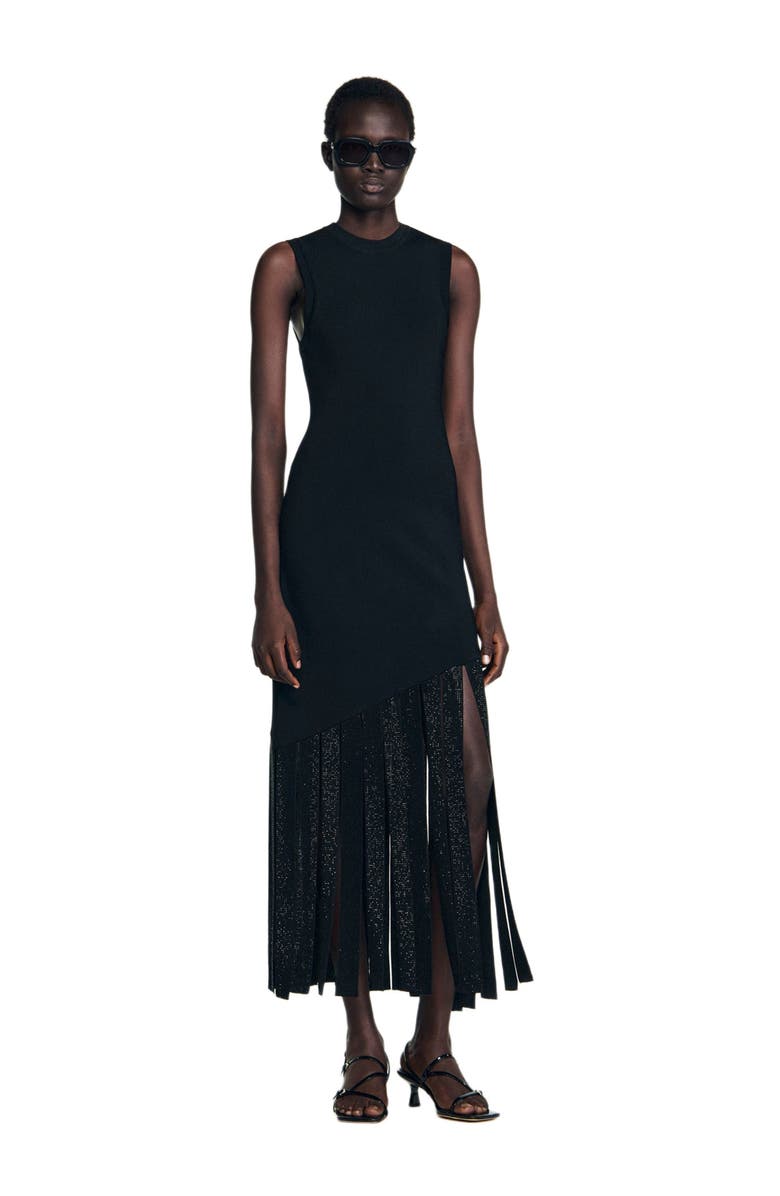 SANDRO Fringed maxi dress, Alternate, color, Black