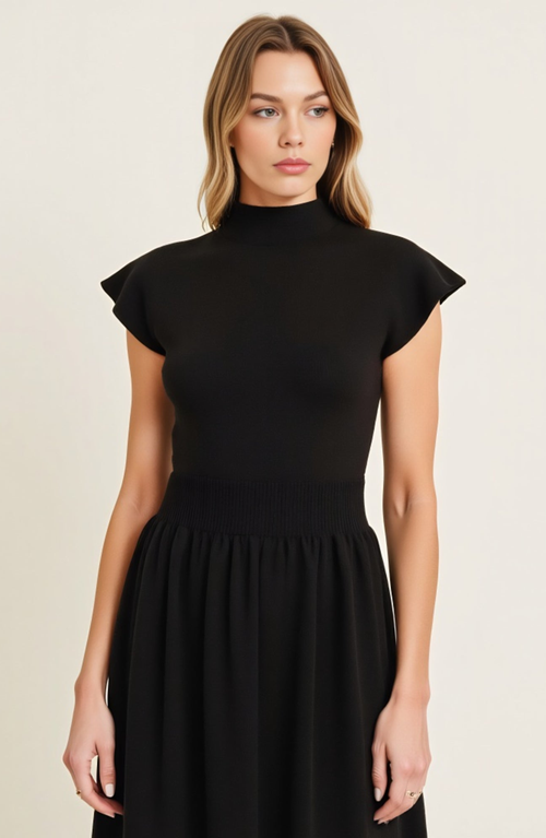 Modenaire Scallop Edge Mock Neck Sleeveless Knit Midi Dress With Flared Skirt