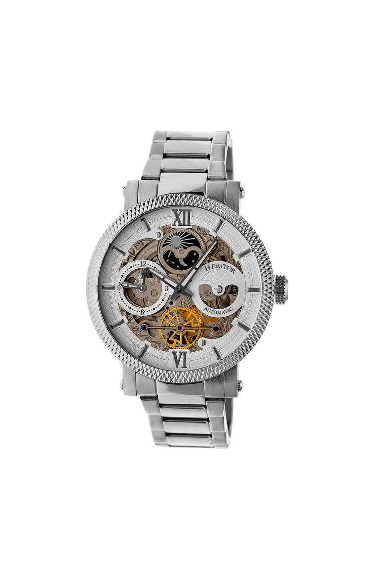 Aries Skeleton Leather-Band Watch, Main, color, Silver/White