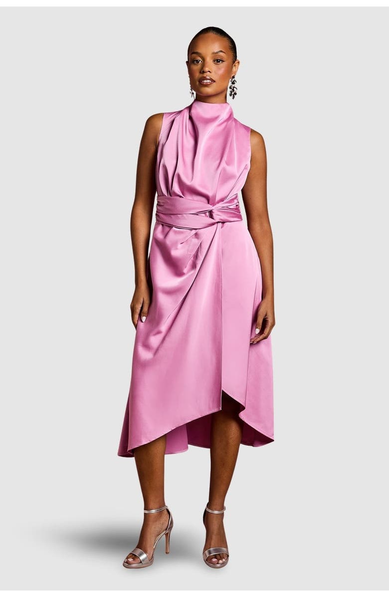 Coast Petite Satin Midi Dress With Twist Waist, Main, color, Pink