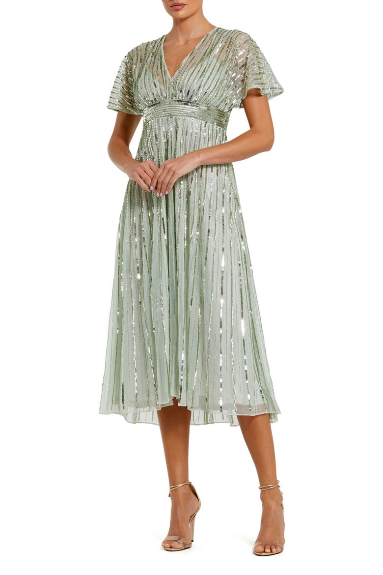 Empire Waist Embellished Short Sleeve Dress, Main, color, Sage
