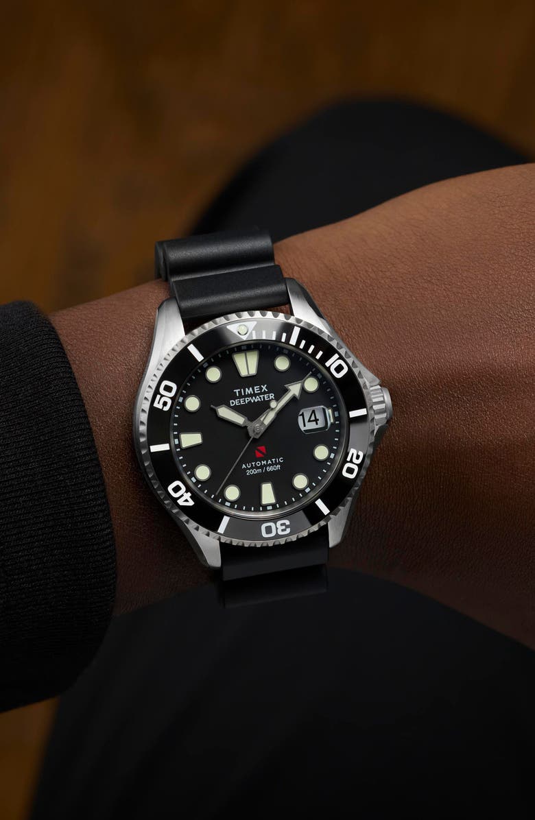 Timex<sup>®</sup> Deepwater Meridian Automatic Rubber Strap Watch, 44mm, Alternate, color, Black