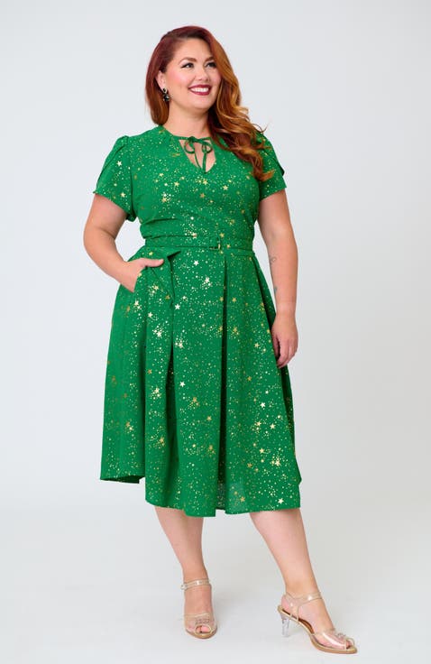 Plus Size Short Petal Sleeve Tie Neck Dahlia Swing Dress