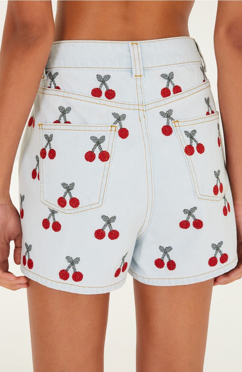 FARM Rio Cherry Embroidered High Waist Denim Shorts, Alternate, color, Denim