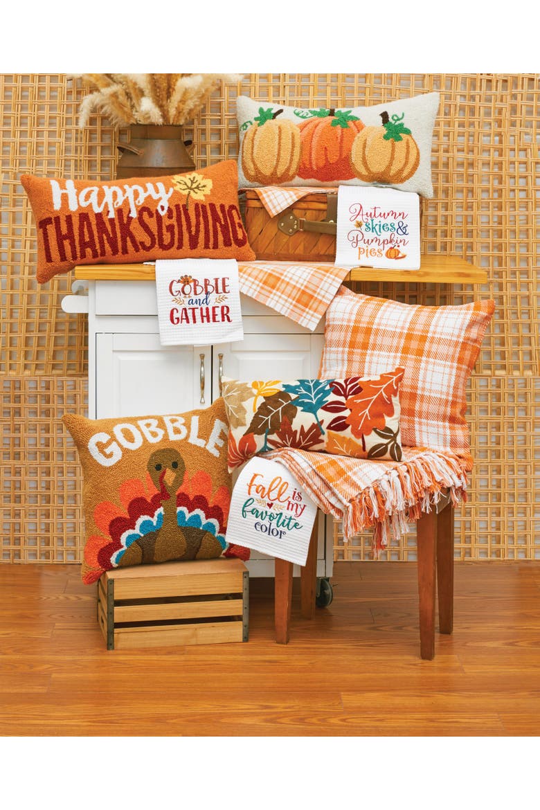 "Happy Thanksgiving" Leaf Hooked Long Accent Pillow 12" x 24", Alternate, color, Orange