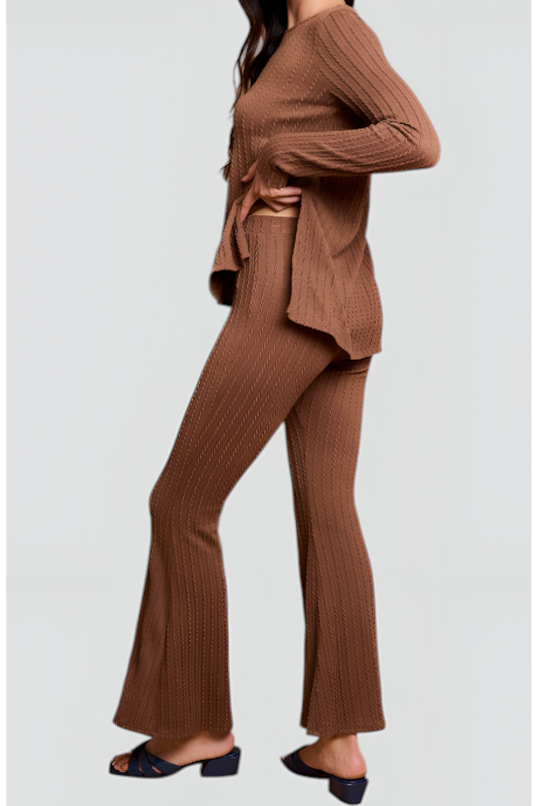 Ribbed Knit Long Sleeve Top and Flared Pants Lounge Set with Side Slit Detail, Alternate, color, Brown