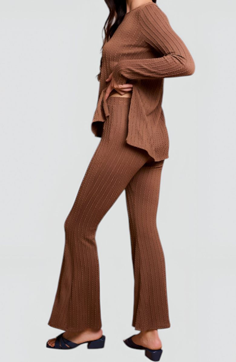 Modenaire Ribbed Knit Long Sleeve Top and Flared Pants Lounge Set with Side Slit Detail, Alternate, color, Brown