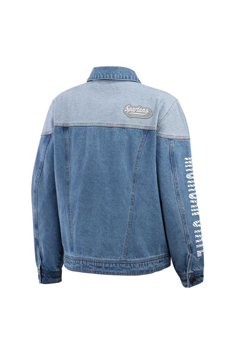 Women's WEAR by Erin Andrews Denim Michigan State Spartans Sleeve Hit Colorblock Button-Down Denim Jacket, Alternate, color, Denim