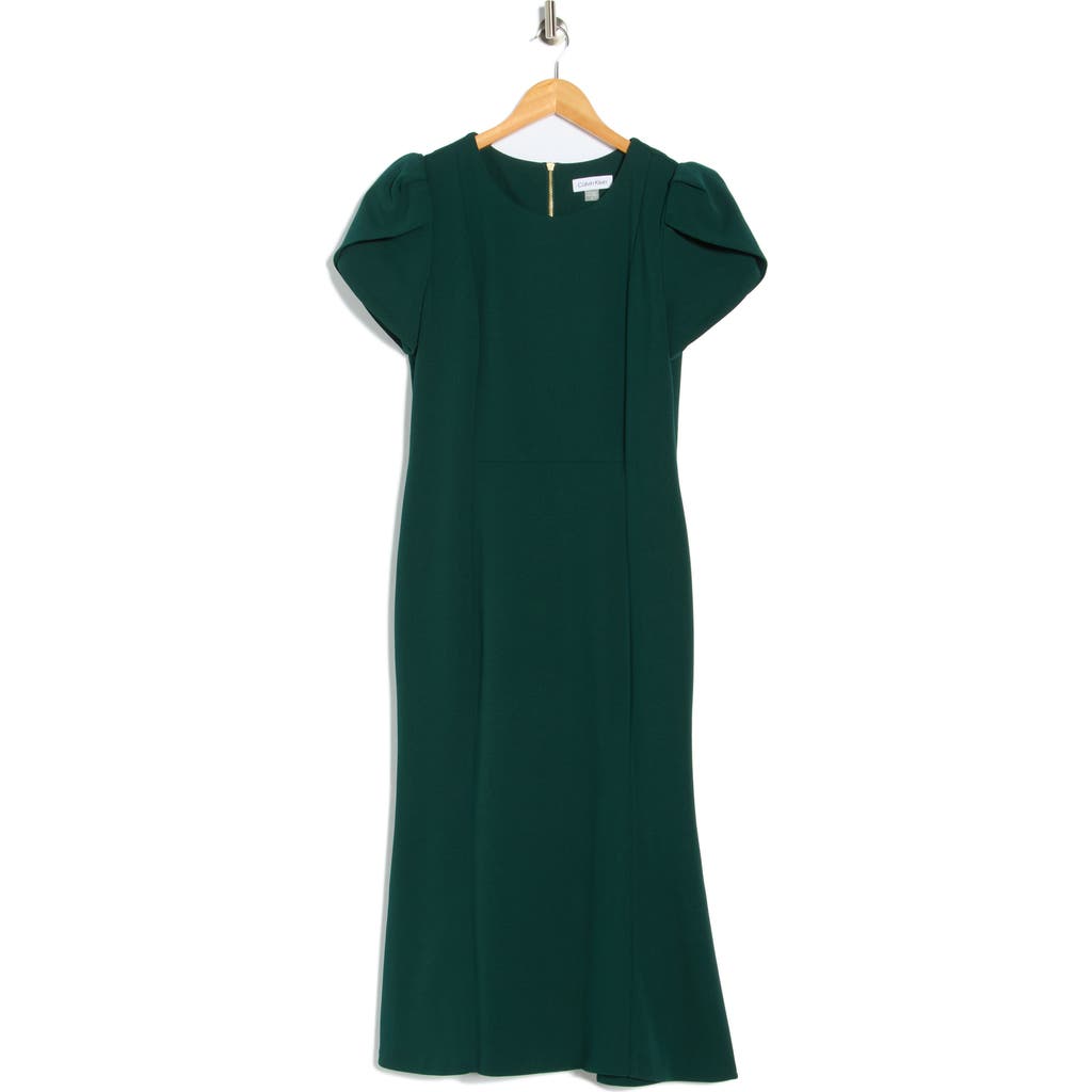 Calvin Klein Tulip Sleeve Crepe A-line Midi Dress In Green