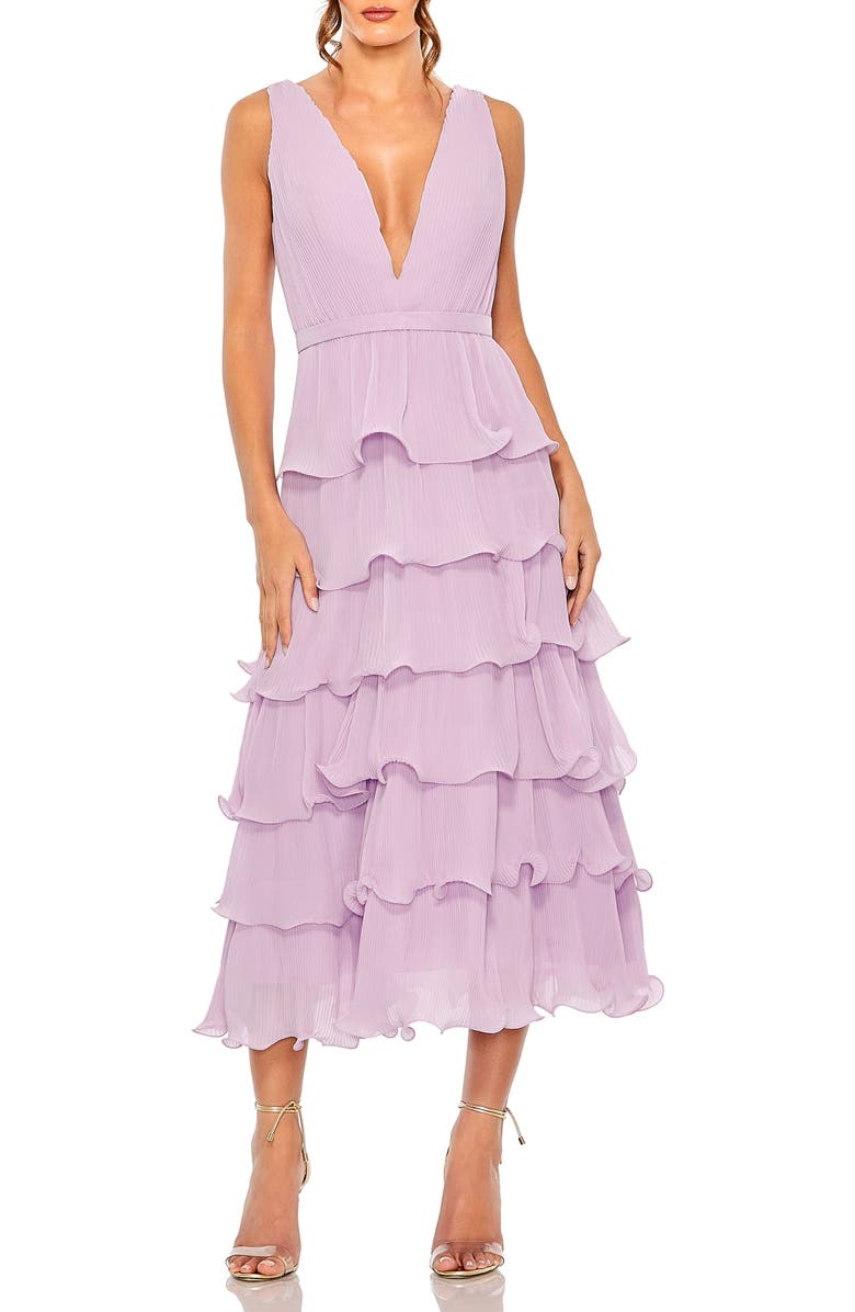 Mac Duggal Deep V Chiffon Sleeveless Ruffle Midi Dress, Main, color, Orchid