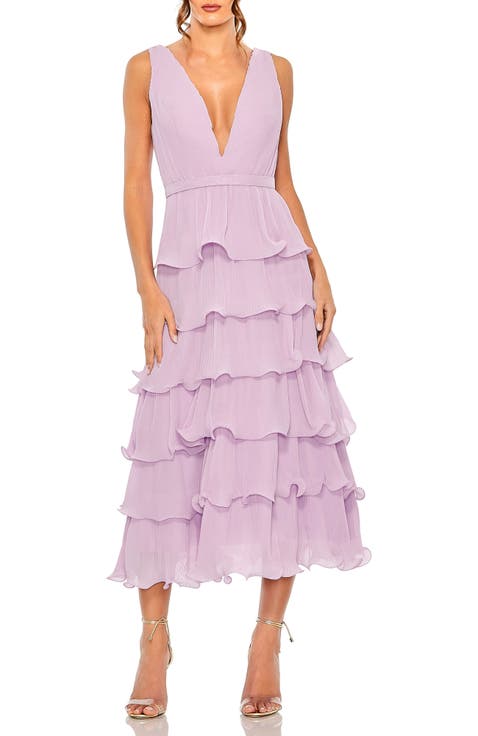 Deep V Chiffon Sleeveless Ruffle Midi Dress